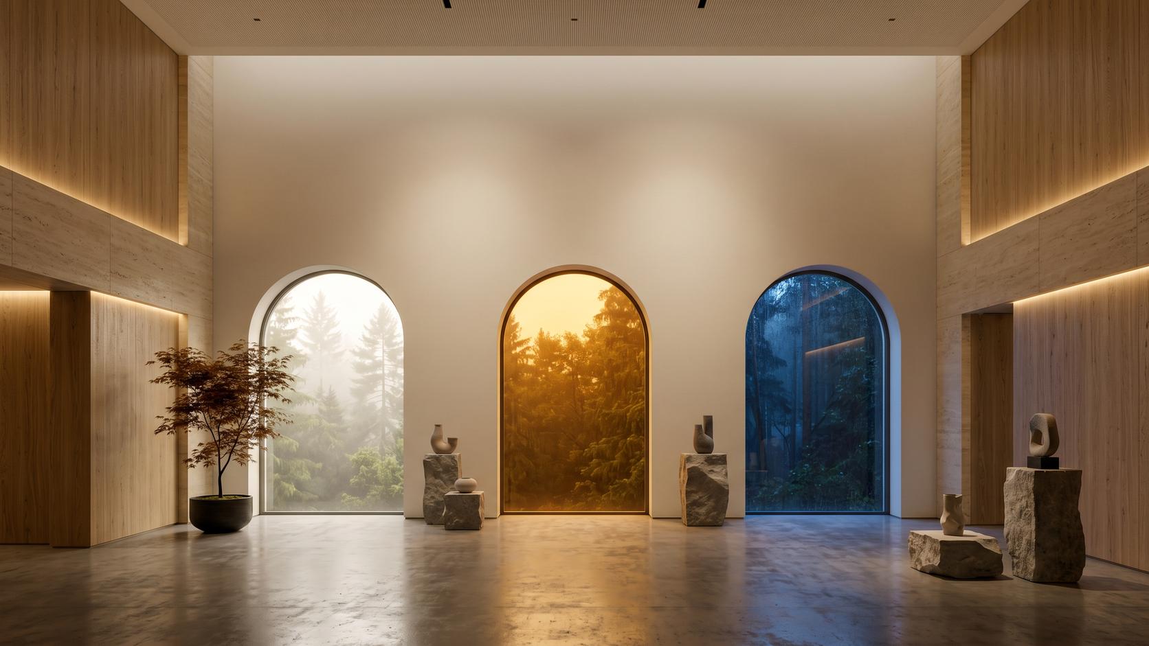 A warm stone lobby with three glowing archway doorways