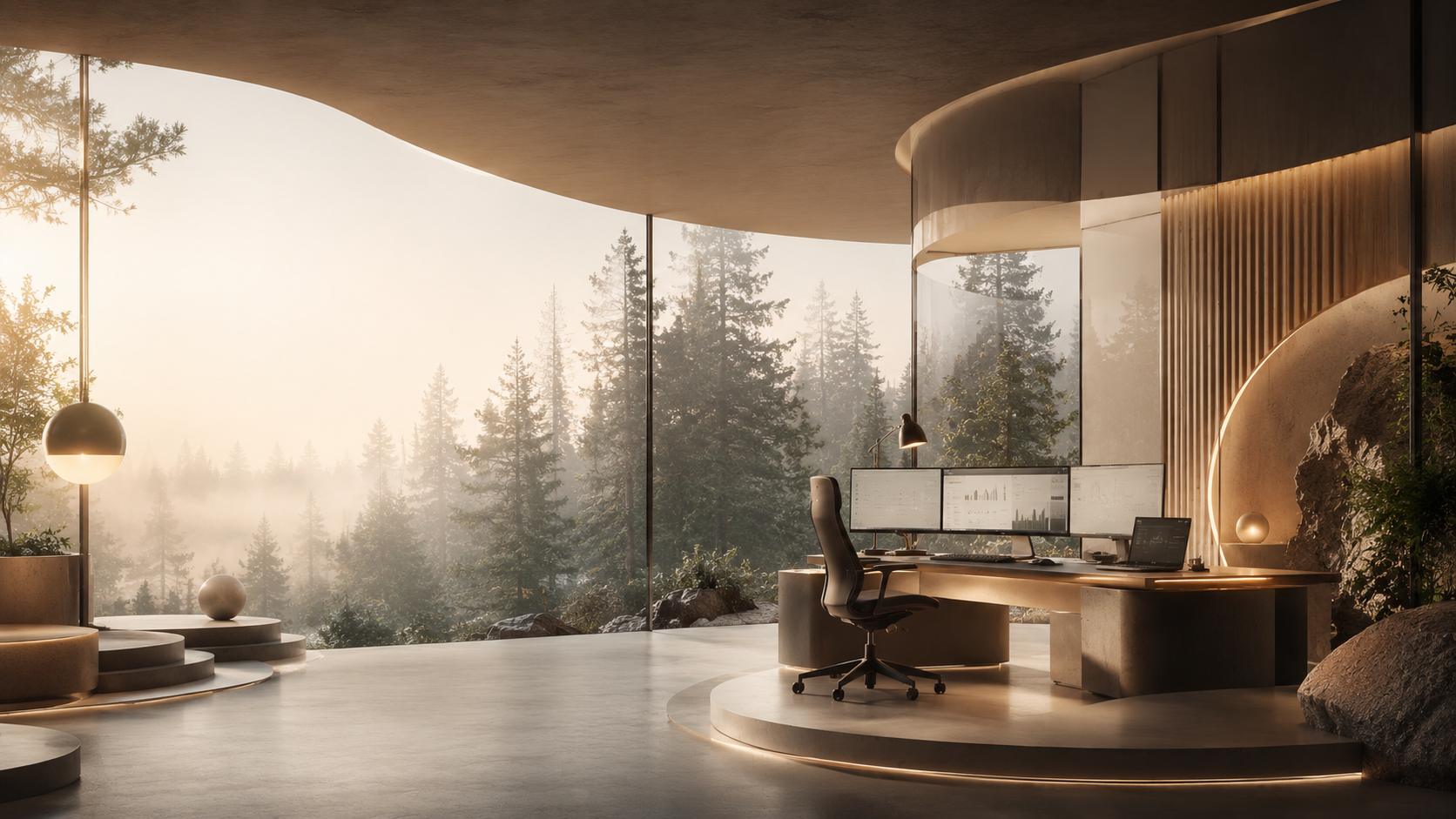 A curved glass studio at dawn overlooking a fog-drowned pine forest