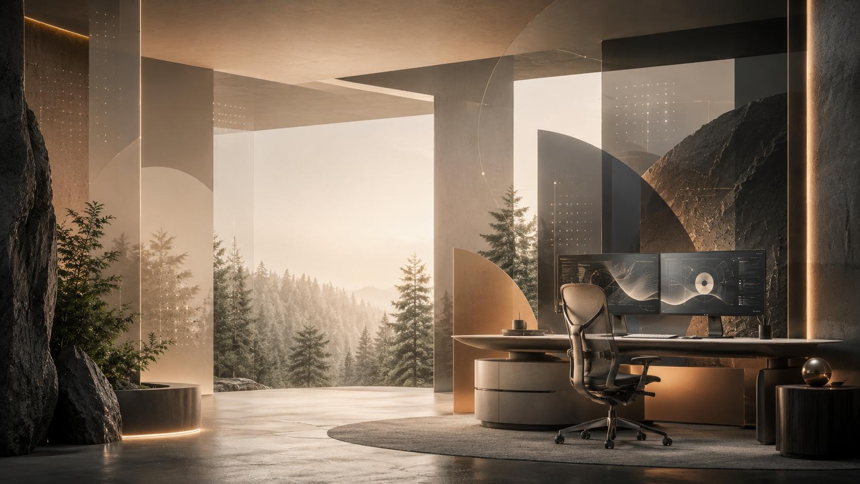 A warm golden atrium of stone pillars opening onto the forest