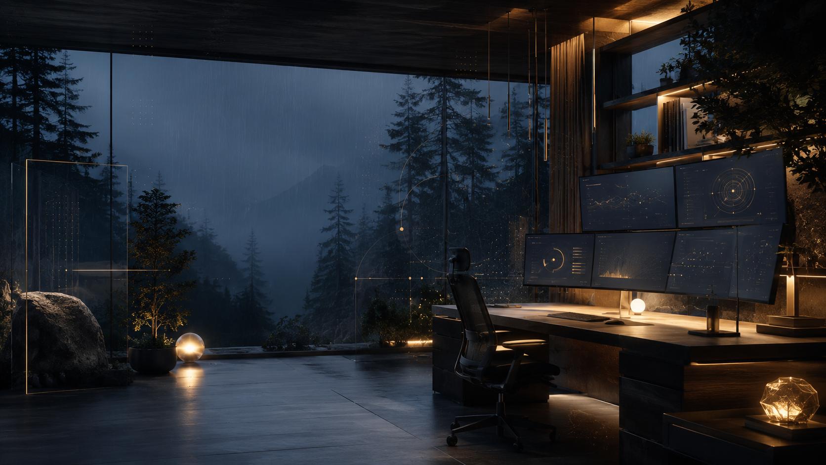 The studio on a rainy night, monitors glowing against a dark mountain forest